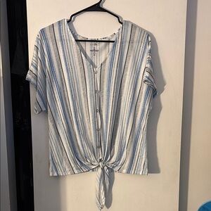 Striped V-Neck Button-Down Tie-Front Top